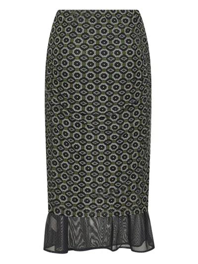 Dries Van Noten Green Printed Mesh Layered Midi Skirt In Black