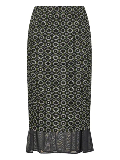 Dries Van Noten Green Printed Mesh Layered Midi Skirt In Black