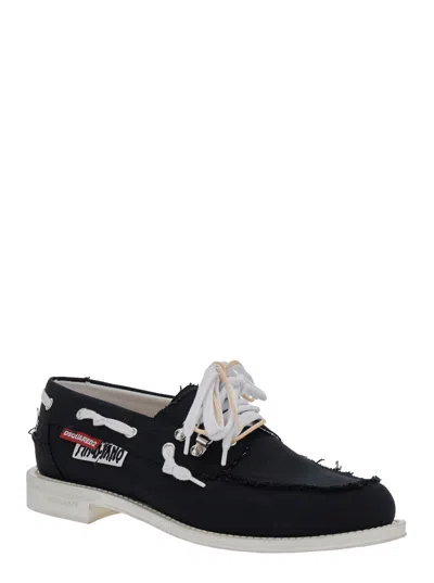 Dsquared2 D2 X Magliano Black Loafers With Logo Patch On The Side And Front Laces In Cotton Man In Animal Print