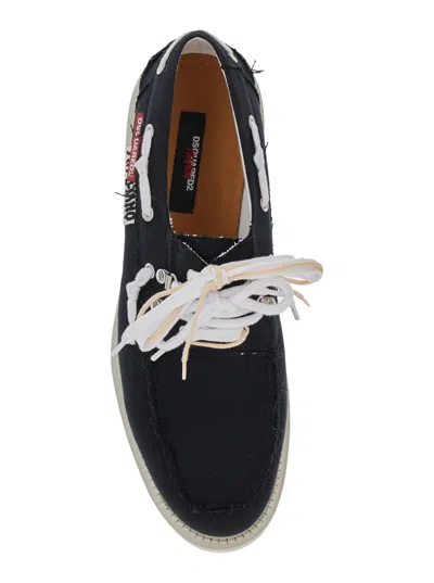 Dsquared2 D2 X Magliano Black Loafers With Logo Patch On The Side And Front Laces In Cotton Man In Animal Print