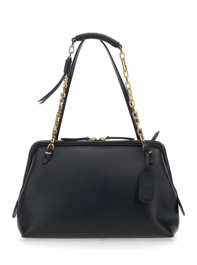 Etro Black Shoulder Bag With Chain-link Shoulder Strap And Tag With Embossed Logo On The Front In Leather In Black