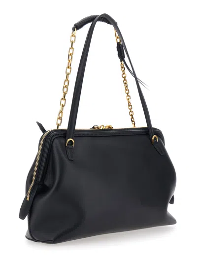 Etro Black Shoulder Bag With Chain-link Shoulder Strap And Tag With Embossed Logo On The Front In Leather In Black