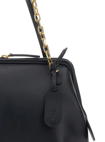 Etro Black Shoulder Bag With Chain-link Shoulder Strap And Tag With Embossed Logo On The Front In Leather In Black