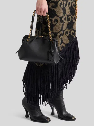 Etro Black Shoulder Bag With Chain-link Shoulder Strap And Tag With Embossed Logo On The Front In Leather In Black
