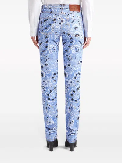 Etro Denim Jeans With Printed Bandana And Paisley In Clear Blue