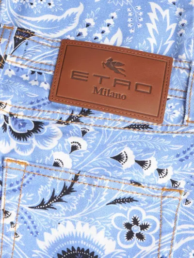 Etro Denim Jeans With Printed Bandana And Paisley In Clear Blue