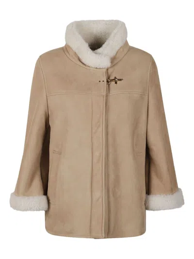 Fay Boxy Beige Suede Coat With Plush Shearling Lining In Brown