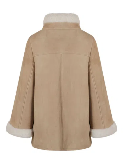 Fay Boxy Beige Suede Coat With Plush Shearling Lining In Brown