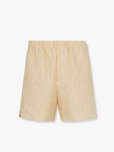 Fendi Men Jacquard Linen And Cotton Bermuda Shorts With All-over Ff Motif In Brown