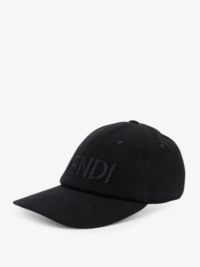 Fendi Men Stretch Cotton Baseball Hat With Logo Embroidery In Black
