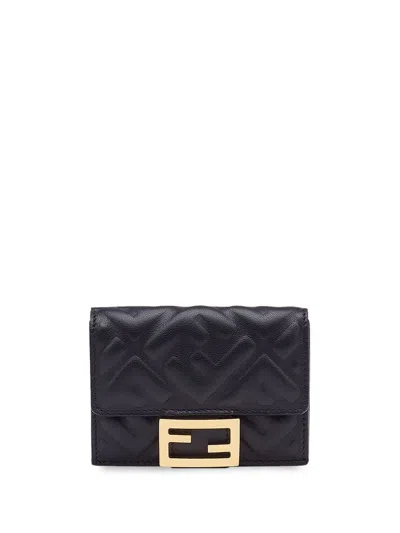Fendi Nappa Leather Baguette Micro Trifold Wallet In Black