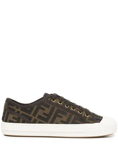 Fendi Low-top Sneakers With Monogram Pattern And Gold-tone Accents In Brown