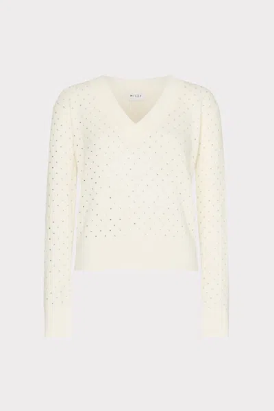 Milly Rhinestone Rib Knit Merino Wool Sweater In Nude