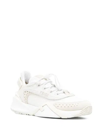 Fendi Sneaker Flow White Beige Embossed Logo In Multi