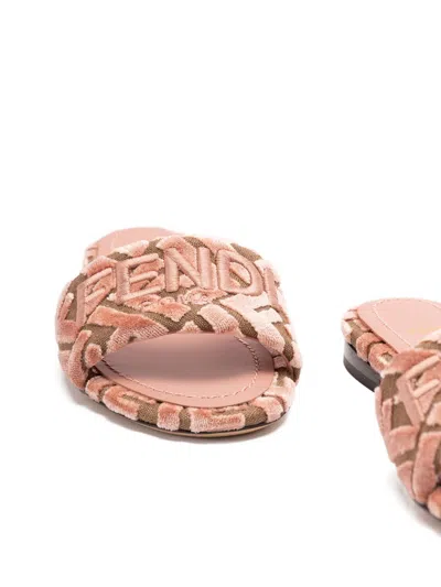 Fendi Velvet Slide Ff Open Toe Flat Sole In Animal Print