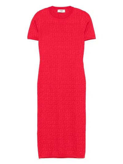 Fendi Women Red Short Sleeve Dress With All-over Ff Motif In Cotton Blend Woman In Multi