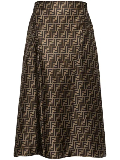 Fendi Women Brown Flared Midi Skirt With All-over Ff Motif In Silk Woman In Brown