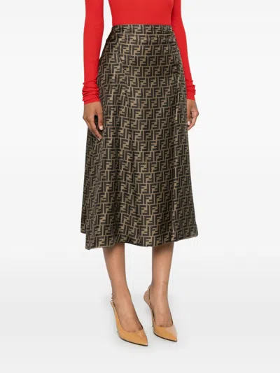 Fendi Women Brown Flared Midi Skirt With All-over Ff Motif In Silk Woman In Brown