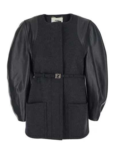 Fendi Women Grey Crewneck Jacket With Puffed Leather Sleeves In Wool Woman In Multi