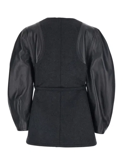 Fendi Women Grey Crewneck Jacket With Puffed Leather Sleeves In Wool Woman In Multi