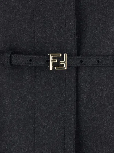 Fendi Women Grey Crewneck Jacket With Puffed Leather Sleeves In Wool Woman In Multi