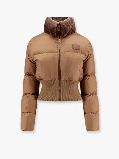 Fendi Short Padded Down Jacket With Shearling Collar Clothing In Brown