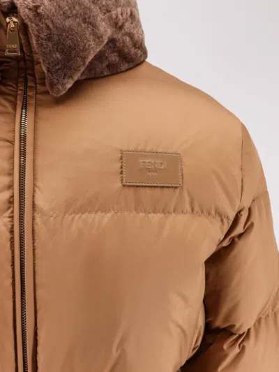 Fendi Short Padded Down Jacket With Shearling Collar Clothing In Brown
