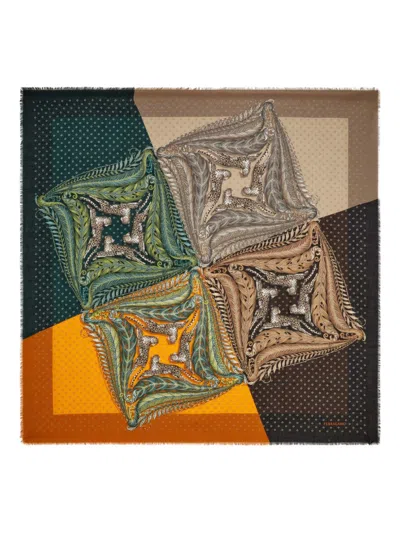 Ferragamo Animal And Paisley Motif Fringed Square Scarf In Multi