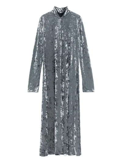 Forte Forte A-line Velvet Midi Dress With Long Sleeves In Gray