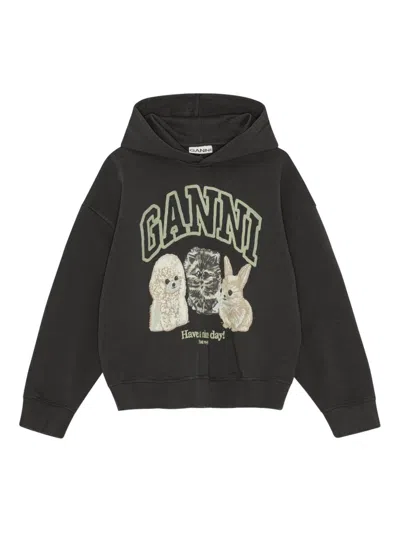 Ganni Oversize Cotton Sweatshirt With Hood And Graphic Print In Brown