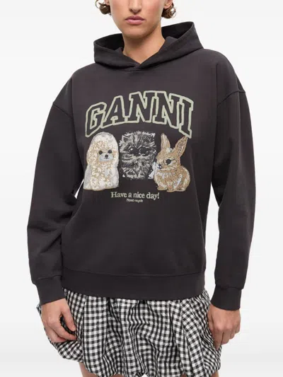 Ganni Oversize Cotton Sweatshirt With Hood And Graphic Print In Brown