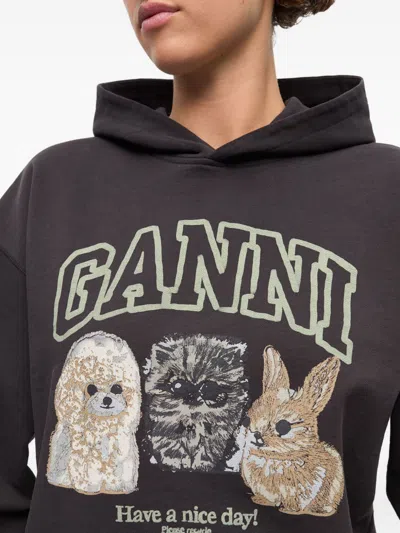 Ganni Oversize Cotton Sweatshirt With Hood And Graphic Print In Brown