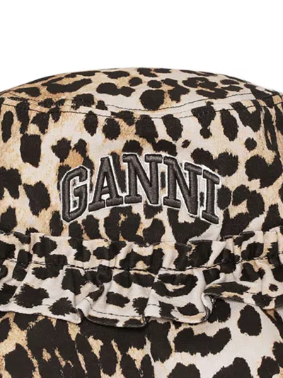 Ganni Leopard Print Canvas Bucket Hat With Ruffled Detailing In Brown