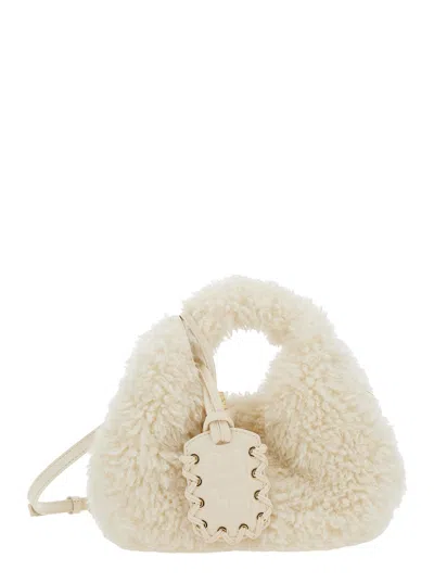 Ganni White Handbag With Adjustable And Removable Shoulder Strap And Top Zip Closure In Ecofur In White