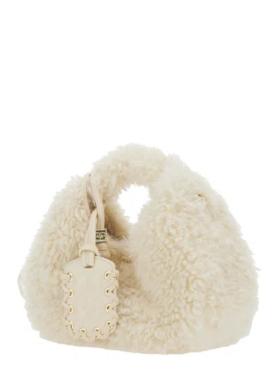 Ganni White Handbag With Adjustable And Removable Shoulder Strap And Top Zip Closure In Ecofur In White