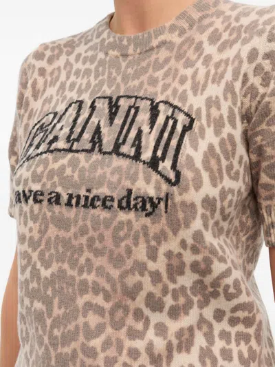 Ganni Leopard Wool T-shirt In Animal Print