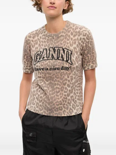 Ganni Leopard Wool T-shirt In Animal Print