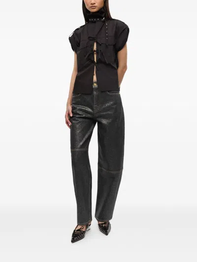 Ganni Wide Leg Trousers Metallic Finish Pockets In Black