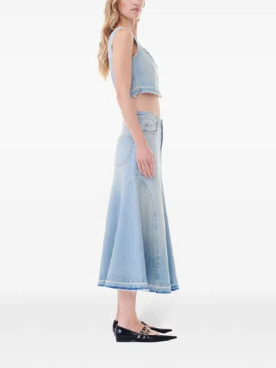 Ganni Long Denim Skirt With Light Blue Embroidered Logo In Blue