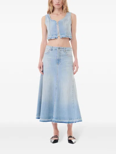 Ganni Long Denim Skirt With Light Blue Embroidered Logo In Blue