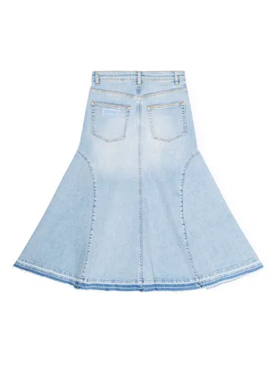 Ganni Long Denim Skirt With Light Blue Embroidered Logo In Blue