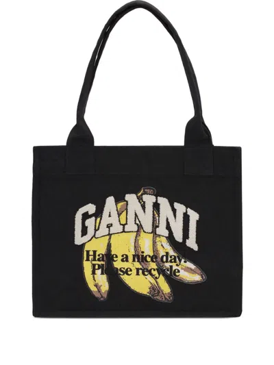 Ganni Banana Print Large Tote Bag In Black