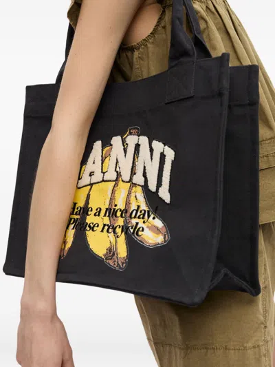 Ganni Banana Print Large Tote Bag In Black