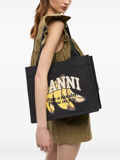 Ganni Banana Print Large Tote Bag In Black