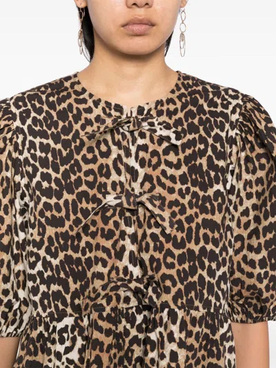 Ganni Brown Leopard Printed Cotton Tie String Minidress In Animal Print