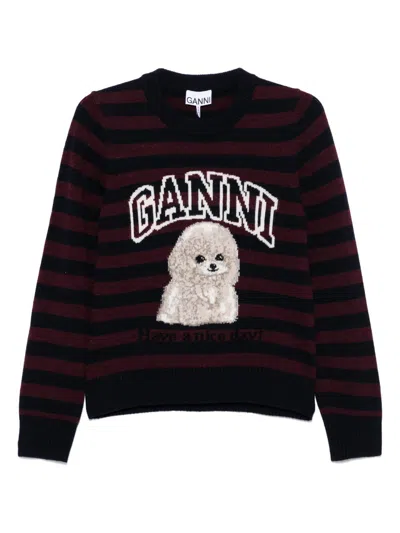 Ganni Graphic Wool Mix Poodle Stripe Crewneck Knitwear Multicolor In Brown