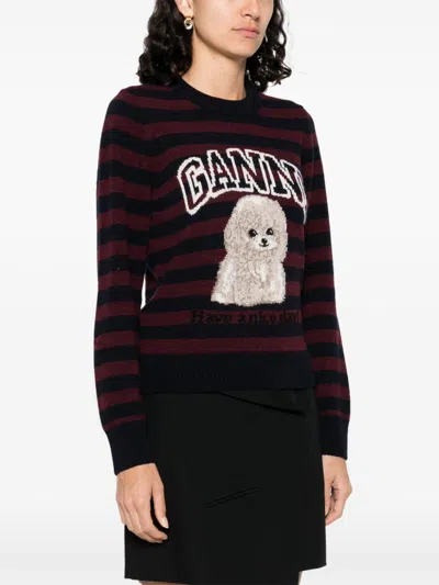 Ganni Graphic Wool Mix Poodle Stripe Crewneck Knitwear Multicolor In Brown
