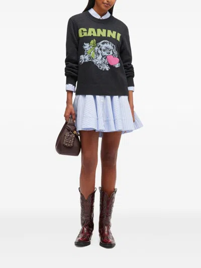 Ganni Playful Puppy Love Graphic Wool Blend Crewneck Sweater In Black