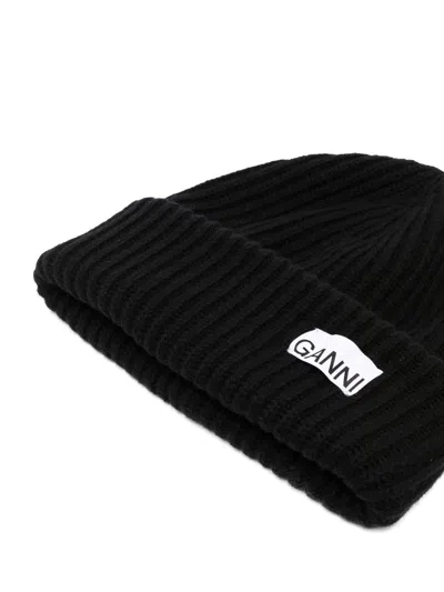 Ganni Womens Black Logo-patch Wool-blend Beanie Hat In Black