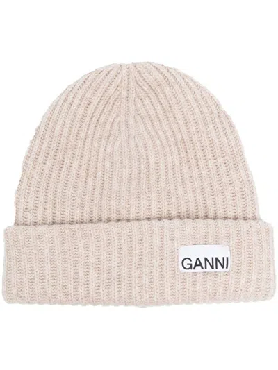 Ganni Beige Fisherman Rib Beanie With Logo Patch In Wool Blend Woman